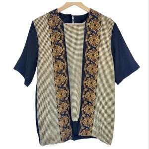 Vintage Floating Layers High Low Houndstooth and Brown Florals Blouse